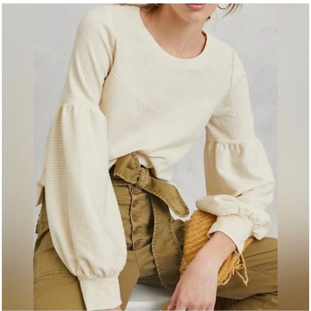 Anthropologie Bayleigh Balloon Sleeve Textured‎ Cropped Top Women Large Cream